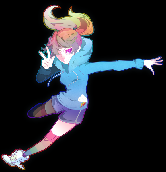 Size: 7800x8077 | Tagged: absurd resolution, action pose, artist:pachiiri, clothes, derpibooru import, hoodie, human, humanized, ponytail, rainbow dash, rainbow socks, safe, shorts, socks, solo, striped socks, winged shoes