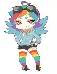 Size: 786x1017 | Tagged: artist:pachiiri, chibi, clothes, converse, derpibooru import, fingerless gloves, gloves, goggles, hoodie, human, humanized, rainbow dash, rainbow socks, safe, shoes, shorts, socks, solo, striped socks, thick eyebrows, winged humanization