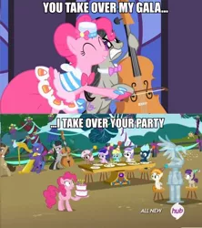 Size: 640x720 | Tagged: safe, derpibooru import, edit, edited screencap, screencap, brown sugar, burnout (character), concerto, lightning flare, octavia melody, parish nandermane, pinkie pie, plum star, plumberry, titania, pony, inspiration manifestation, the best night ever, bow (instrument), cake, cello bow, clothes, dress, filly, gala dress, hub logo, ice sculpture, image macro, meme, revenge