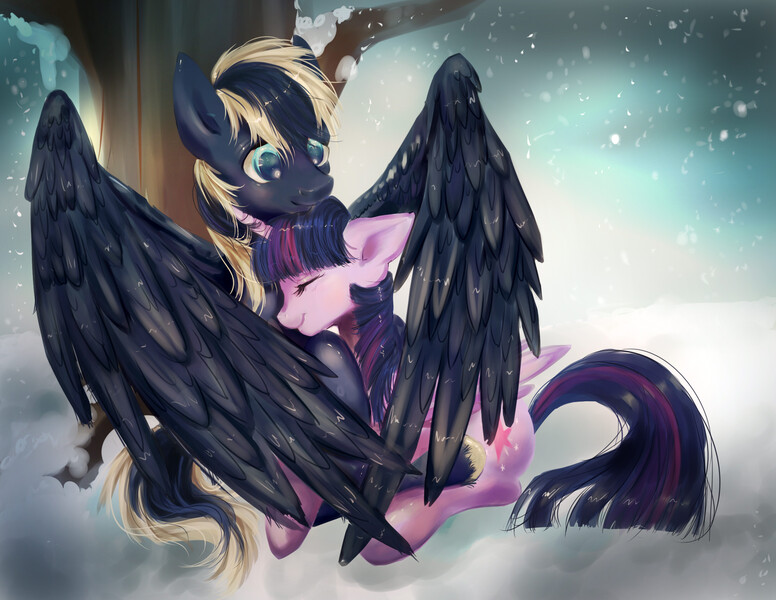 Size: 2200x1700 | Tagged: safe, artist:dream--chan, derpibooru import, twilight sparkle, twilight sparkle (alicorn), oc, oc:zephyr, alicorn, pony, canon x oc, cuddling, eyes closed, female, floppy ears, hug, male, mare, prone, shipping, sitting, smiling, snow, snowfall, snuggling, straight, tree, twiphyr, under the tree, winghug