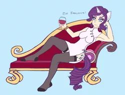 Size: 1280x978 | Tagged: artist:mintyverse, clothes, cutie mark, derpibooru import, fainting couch, horned humanization, human, humanized, rarity, safe, socks, solo, stockings, tailed humanization, wine