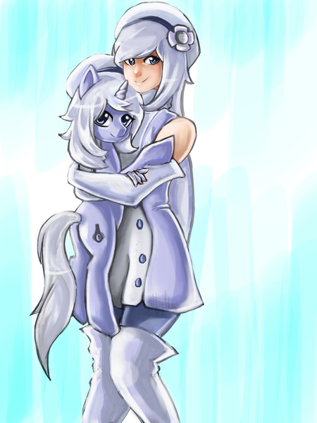 Size: 6000x8000 | Tagged: safe, artist:checkerboardazn, derpibooru import, ponified, pony, unicorn, absurd resolution, aila jyrkiainen, clothes, cute, evening gloves, funnel cake, gloves, gundam, gundam build fighters, holding a pony, hug, looking at you, looking back, painting, smiling