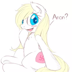 Size: 1486x1500 | Tagged: artist:werque, aryanbetes, blushing, chest fluff, cute, derpibooru import, ear fluff, heart, hips, nazi, oc, oc:aryanne, open mouth, safe, shy, sitting, sketch, smiling, solo, swastika, underhoof, unofficial characters only