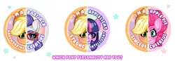 Size: 500x173 | Tagged: safe, artist:spikysofia, derpibooru import, applejack, pinkie pie, rarity, twilight sparkle, applepie, duality, female, head, lesbian, personality quiz, personality test, rarijack, shipping, twijack