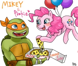 Size: 650x550 | Tagged: artist:tairaseki puriko, balloon, crossover, derpibooru import, food, meat, michelangelo, pepperoni, pepperoni pizza, pinkey, pinkie pie, pixiv, pizza, safe, teenage mutant ninja turtles, then watch her balloons lift her up to the sky, tmnt 2012