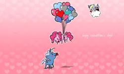 Size: 1280x768 | Tagged: safe, artist:spikysofia, derpibooru import, derpy hooves, pinkie pie, pokey pierce, pegasus, pony, balloon, cloud, cupid, female, male, mare, mouth hold, pokeypie, shipping, straight, then watch her balloons lift her up to the sky, valentine, wallpaper