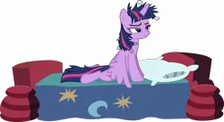 Size: 16000x8739 | Tagged: safe, artist:thorinair, derpibooru import, twilight sparkle, twilight sparkle (alicorn), alicorn, pony, inspiration manifestation, absurd resolution, bed, bed hair, bed mane, female, mare, messy mane, morning ponies, pillow, simple background, solo, transparent background, vector