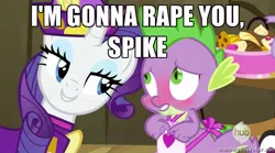 Size: 631x350 | Tagged: semi-grimdark, suggestive, derpibooru import, edit, edited screencap, screencap, rarity, spike, dragon, pony, unicorn, dragon quest, apron, blushing, caption, clothes, dress, female, food, hub logo, image macro, imminent rape, implied rape, implied sex, male, mare, meme, naked apron, rarity's bad pickup lines, subtle as a train wreck, text, the hub