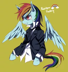 Size: 741x781 | Tagged: artist:megarexetera, clothes, derpibooru import, fanfic:rainbow factory, rainbow dash, safe, solo, suit