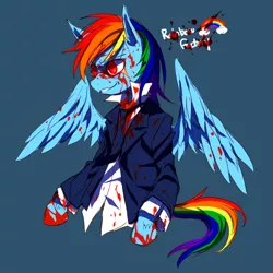 Size: 800x800 | Tagged: artist:megarexetera, blood, clothes, derpibooru import, fanfic:rainbow factory, grimdark, rainbow dash, semi-anthro, solo, suit