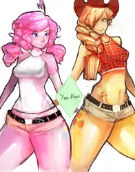 Size: 994x1270 | Tagged: safe, artist:yunni-yunni, derpibooru import, applejack, pinkie pie, human, belly button, clothes, humanized, midriff, pony coloring, shorts, wide hips