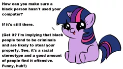 Size: 1194x668 | Tagged: safe, deleted from derpibooru, derpibooru import, twilight sparkle, unicorn, explaining the joke, exploitable meme, filly twilight sparkle, filly twilight telling an offensive joke, meme, obligatory pony, offensive, out of character, racism, simple background, solo, unicorn twilight, vulgar, we are going to hell, white background