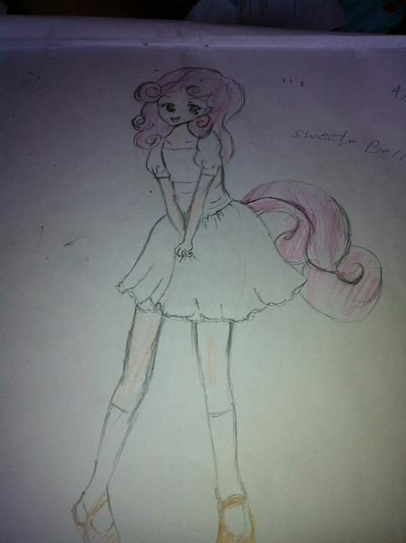 Size: 500x669 | Tagged: artist needed, derpibooru import, explicit source, human, humanized, photo, safe, solo, sweetie belle, tailed humanization, traditional art