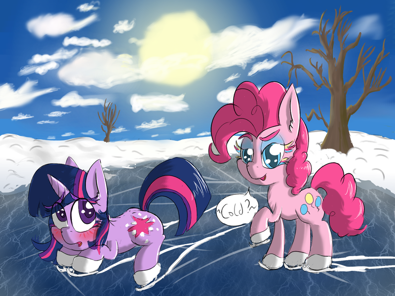 Size: 1600x1200 | Tagged: safe, artist:magical disaster, derpibooru import, pinkie pie, twilight sparkle, earth pony, pony, unicorn, season 1, winter wrap up, bare tree, cutie mark, female, ice, ice skates, ice skating, mare, sno, unicorn twilight