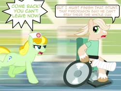 Size: 640x480 | Tagged: safe, artist:aha-mccoy, derpibooru import, oc, oc:jay aaron mclovin, oc:nurse flankhurt, unofficial characters only, earth pony, pony, cast, female, hospital gown, male, mare, nurse, running, speech bubble, speed lines, stallion, wheelchair