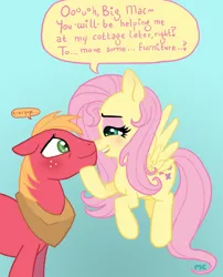 Size: 690x855 | Tagged: suggestive, artist:mcponyponypony, derpibooru import, big macintosh, fluttershy, earth pony, pony, bedroom eyes, blushing, boop, dialogue, eye contact, eyeshadow, flirting, floppy ears, fluttermac, flying, male, noseboop, open mouth, request, requested art, seductive, shipping, smiling, spread wings, stallion, straight