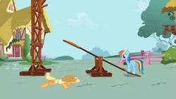 Size: 1365x768 | Tagged: applebuck season, applejack, faceplant, rainbow dash, safe, screencap, seesaw