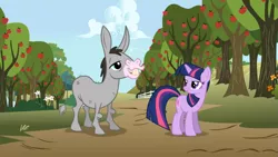 Size: 1365x768 | Tagged: safe, derpibooru import, screencap, cletus, twilight sparkle, hybrid, mule, pony, unicorn, applebuck season, apple orchard, apple tree, bucktooth, duo, female, male, mare, tree, unicorn twilight