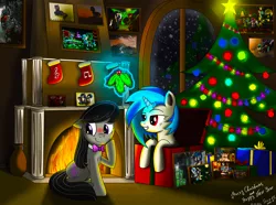 Size: 3000x2227 | Tagged: safe, artist:joey darkmeat, artist:stein-vs, derpibooru import, octavia melody, vinyl scratch, christmas, christmas tree, female, fire, fireplace, holly, holly mistaken for mistletoe, lesbian, magic, present, scratchtavia, shipping, telekinesis, tree