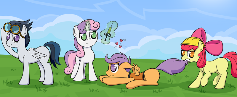 Size: 1280x525 | Tagged: safe, artist:scoutt, derpibooru import, apple bloom, rumble, scootaloo, sweetie belle, construction, crush, cute, dragging, female, goggles, hard hat, hat, heart, love, lying, male, rumbloo, shipping, smiling, spread wings, straight, syringe, tail pull