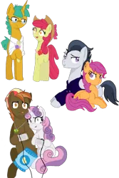 Size: 600x900 | Tagged: safe, artist:ponbet10, derpibooru import, apple bloom, button mash, rumble, scootaloo, snails, sweetie belle, clothes, female, male, older, rumbloo, shipping, snailbloom, straight, sweetiemash