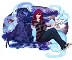 Size: 1280x1073 | Tagged: artist:cigarscigarettes, derpibooru import, duo, human, ink, lauren faust, paper, princess luna, quill, safe, sitting, windswept mane, writing