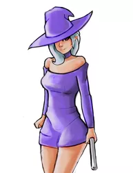 Size: 2550x3300 | Tagged: artist:checkerboardazn, choker, clothes, elf ears, hat, human, humanized, looking at you, safe, short dress, smiling, solo, sweater, sweater dress, trixie, unicorns as elves, wizard hat