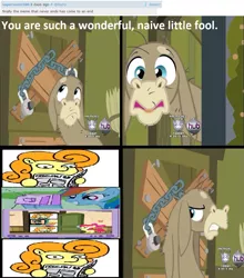 Size: 957x1086 | Tagged: safe, artist:muffinexplosion, derpibooru import, edit, edited screencap, screencap, cranky doodle donkey, donkey, pony, accepted meme that never ends, exploitable meme, female, meme, meta, newspaper meme, tempting fate, the meme that never ends, the ride never ends