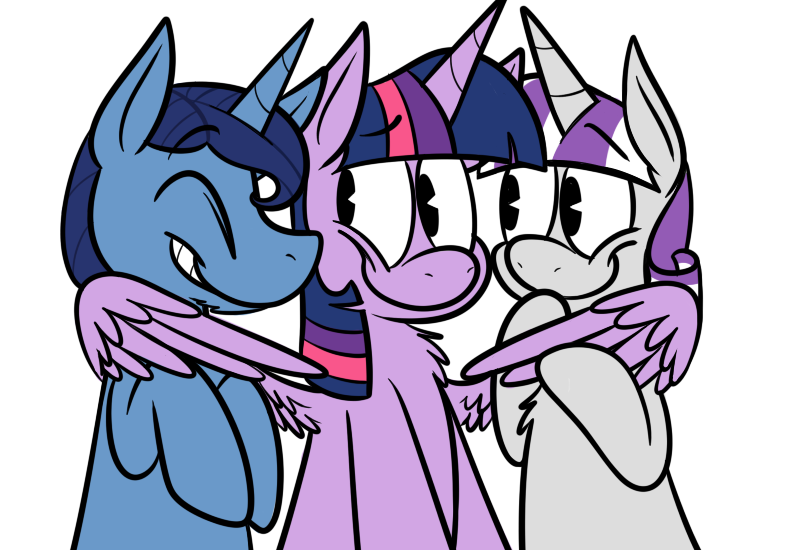 Size: 800x550 | Tagged: dead source, safe, artist:karpet-shark, derpibooru import, night light, twilight sparkle, twilight sparkle (alicorn), twilight velvet, alicorn, pony, unicorn, twily-daily, cute, daaaaaaaaaaaw, eyes closed, father and daughter, female, fluffy, grin, hug, male, mare, mother and daughter, parent, simple background, sitting, smiling, white background, winghug