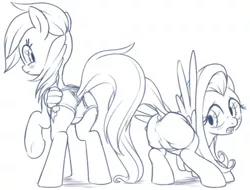 Size: 500x380 | Tagged: artist:stoic5, blushing, boxers, briefs, clothes, derpibooru import, dock, dressup, face down ass up, fluttershy, grayscale, lineart, looking back, monochrome, open mouth, plot, plot pair, ponies in boxers, rainbow dash, raised hoof, suggestive, underwear