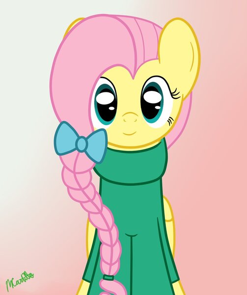 Size: 819x976 | Tagged: alternate hairstyle, artist:mtfc1029, bow, braid, clothes, derpibooru import, fluttershy, safe, solo, sweater, sweatershy