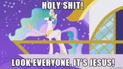 Size: 610x342 | Tagged: artist:viva reverie, celestia pointing, derpibooru import, jesus christ, looking up, meme, new meme, open mouth, pointing, princess celestia, princess celestia being deep, safe, solo, text, vulgar