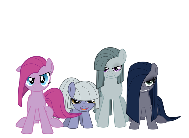 Size: 1300x950 | Tagged: alternate design, artist:reitanna-seishin, derpibooru import, hair over one eye, limestone pie, looking at you, marble pie, obsidian pie, oc, oc:minkie pie, pie sisters, pinkamena diane pie, pinkie pie, safe, simple background, transparent background, vector