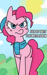 Size: 492x792 | Tagged: safe, artist:meowing-ghost, derpibooru import, pinkie pie, clothes, hat, scarf, solo, sweat, vulgar