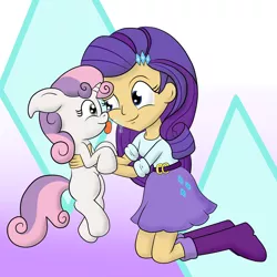 Size: 2000x2000 | Tagged: safe, artist:schizophrenicghost, derpibooru import, rarity, sweetie belle, pony, equestria girls, drool, holding a pony, human coloration, pony pet, tongue out