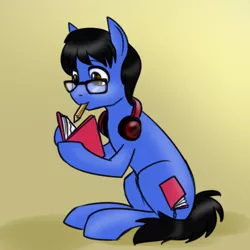 Size: 500x500 | Tagged: safe, artist:jitterbugjive, derpibooru import, oc, oc:bookmark act, unofficial characters only, earth pony, pony, digital art, glasses, headphones, notepad, pencil, solo