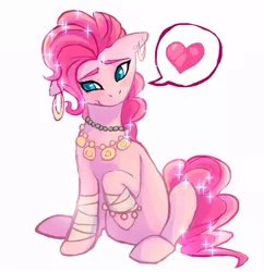 Size: 879x908 | Tagged: artist:naminzo, bandage, blushing, bracelet, cute, diapinkes, earring, emoticon, fiw, floppy ears, friendship is witchcraft, gypsy pie, heart, jewelry, necklace, pictogram, piercing, pinkie pie, raised hoof, safe, shy, sitting, smiling, solo, sparkles, speech bubble