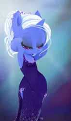 Size: 720x1224 | Tagged: dead source, safe, artist:yuji8sushi, derpibooru import, trixie, semi-anthro, unicorn, alternate hairstyle, ambiguous facial structure, arm behind head, armpits, clothes, dress, hooves, lipstick, little black dress, solo