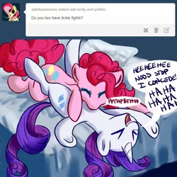 Size: 1280x1280 | Tagged: artist:rastaquouere69, ask, ask-rarity-and-pinkie-pie, bed, cute, diapinkes, drawblog, female, lesbian, on back, onomatopoeia, pinkie pie, raripie, rarity, raspberry, raspberry noise, safe, shipping, tickling, tumblr, tummy buzz