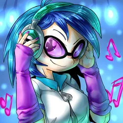 Size: 1000x1000 | Tagged: artist:nekubi, blushing, clothes, derpibooru import, glasses, headphones, human, humanized, nail polish, safe, solo, vinyl scratch