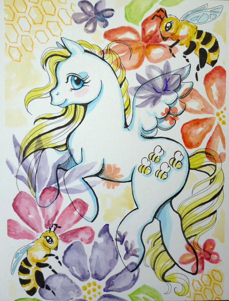 Size: 2856x3744 | Tagged: safe, artist:animeangel07, derpibooru import, honeycomb, bee, pegasus, pony, flower, flying, g1, solo, traditional art