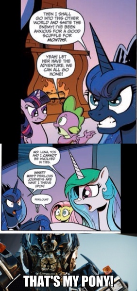 Size: 1494x3184 | Tagged: safe, derpibooru import, idw, fluttershy, princess celestia, princess luna, spike, twilight sparkle, twilight sparkle (alicorn), alicorn, pony, spoiler:comic, spoiler:comic18, bad quality, comic, female, ironhide, mare, meme, optimus prime, that's my pony, that's my x, transformers