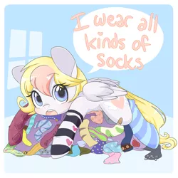 Size: 1280x1280 | Tagged: safe, artist:inkie-heart, derpibooru import, oc, oc:inkie heart, unofficial characters only, pegasus, pony, ask-inkieheart, bandaid, clothes, heart, looking at you, open mouth, socks, solo, striped socks