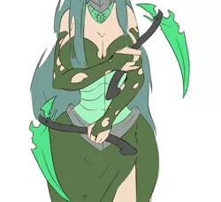 Size: 500x457 | Tagged: artist:sundown, cleavage, clothes, dress, female, human, humanized, kama, queen chrysalis, queen hipsalis, safe, scythe, skirt, solo, weapon, wide hips