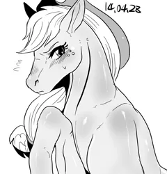 Size: 958x1000 | Tagged: applejack, artist:nekubi, blushing, derpibooru import, frown, grayscale, hat, hoers, horse, looking at you, monochrome, nervous, raised hoof, realistic, realistic anatomy, safe, shiny, solo, sweat