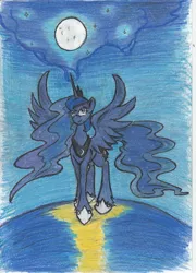 Size: 2504x3476 | Tagged: safe, artist:zubias, derpibooru import, princess luna, alicorn, pony, female, magic, mare, moon, night, solo, traditional art