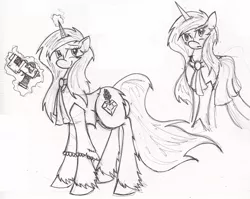 Size: 1280x1021 | Tagged: artist:zubias, clothes, derpibooru import, dress, fallout equestria, gun, magic, monochrome, oc, safe, solo, telekinesis, traditional art, unofficial characters only