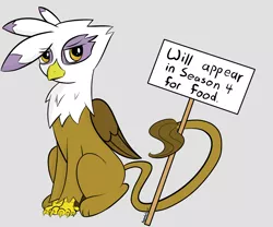 Size: 3000x2500 | Tagged: safe, artist:keeponhatin, derpibooru import, gilda, gryphon, hilarious in hindsight, sign, solo, tail hold, will x for y
