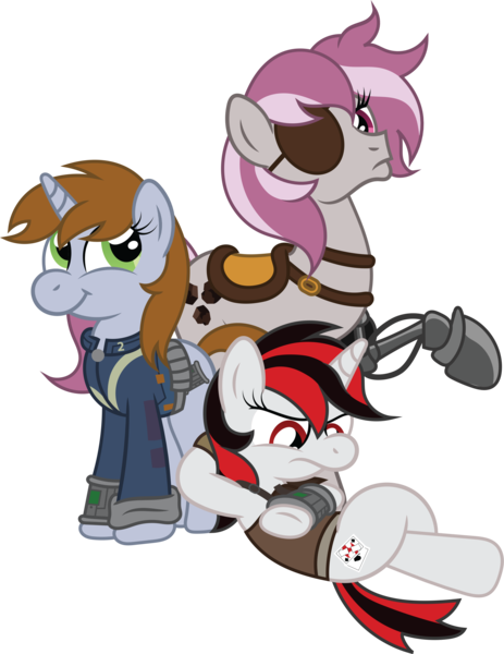 Size: 3063x3971 | Tagged: safe, artist:t-3000, derpibooru import, oc, oc:blackjack, oc:hired gun, oc:littlepip, unofficial characters only, cyborg, earth pony, pony, unicorn, fallout equestria, fallout equestria: project horizons, fanfic, clothes, fanfic art, female, horn, mare, pipbuck, saddle, simple background, tack, transparent background, vault suit