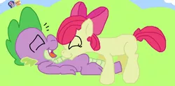 Size: 1631x809 | Tagged: safe, artist:tagman007, derpibooru import, apple bloom, applejack, spike, twilight sparkle, female, male, raspberry, shipping, spikebloom, straight, tickling, tummy buzz